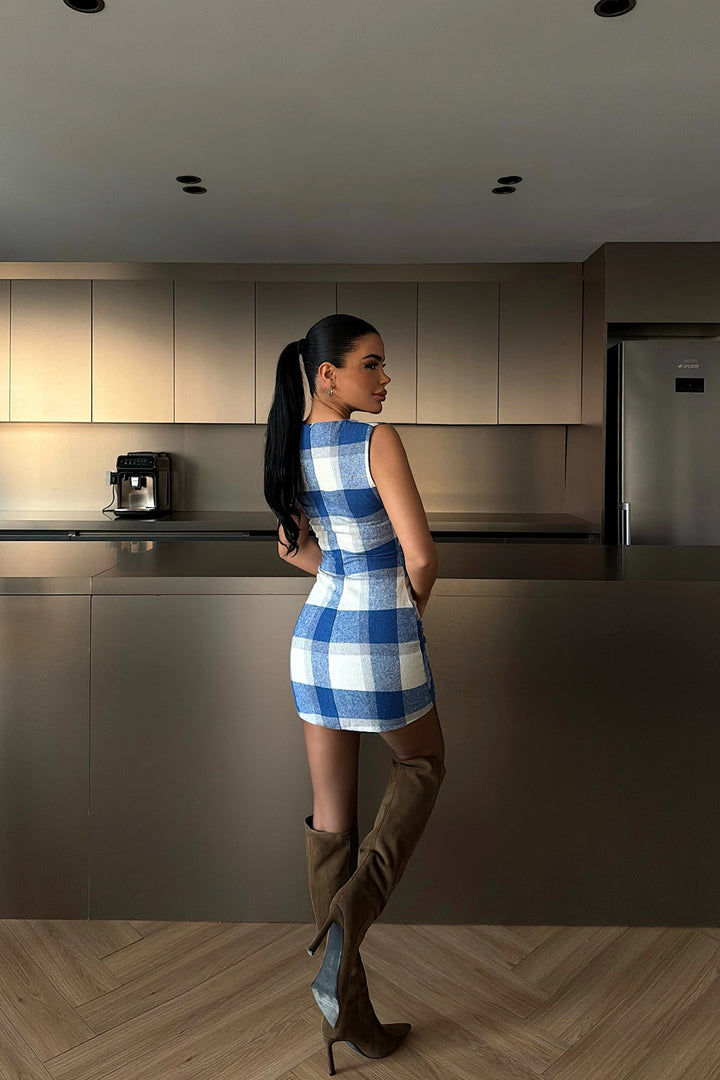 EYY Women Blue Plaid Sleeveless Dress - San Severo