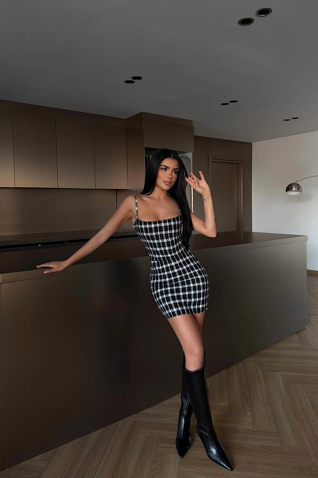 EYY Women Siyah Askılı Ekose Mini Elbise - Guelph
