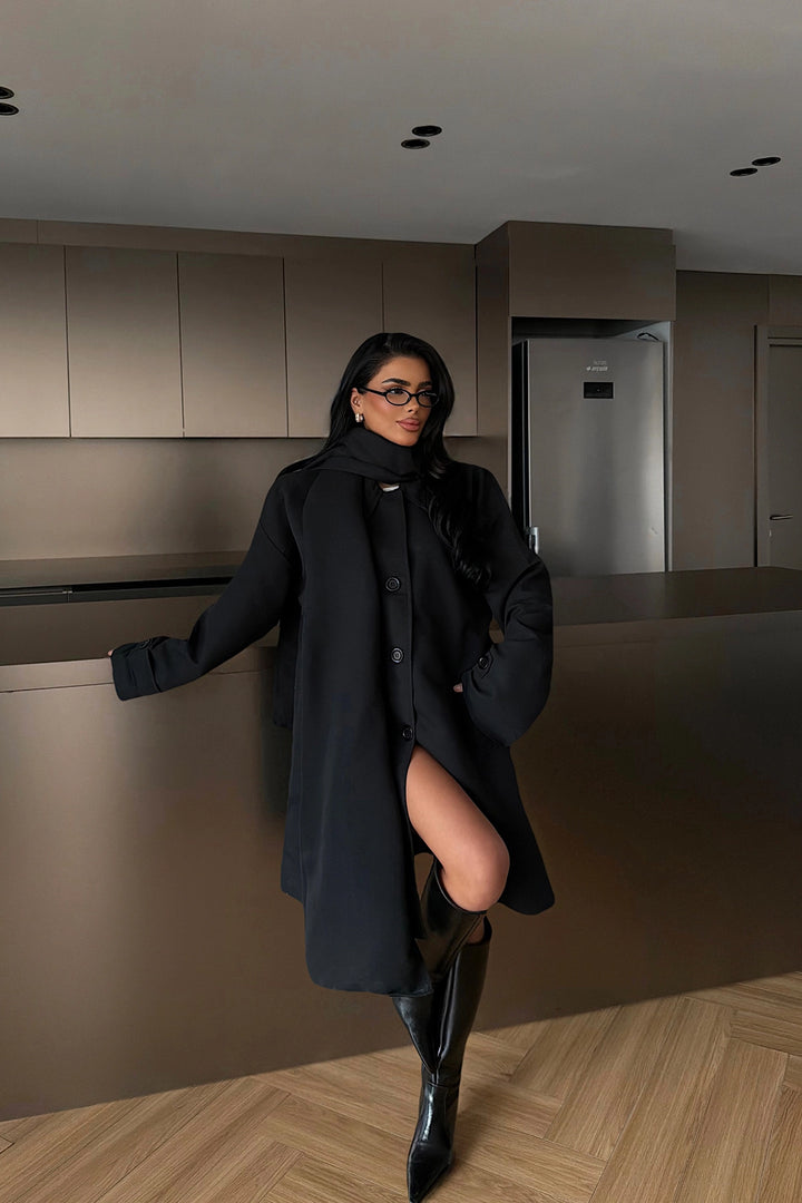 EYY Women Black Front Buttoned Trench Coat with Belt Detail - Cuyahoga Falls
