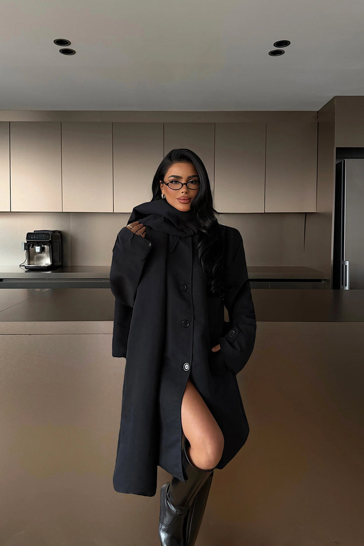 EYY Women Black Front Buttoned Trench Coat with Belt Detail - Cuyahoga Falls