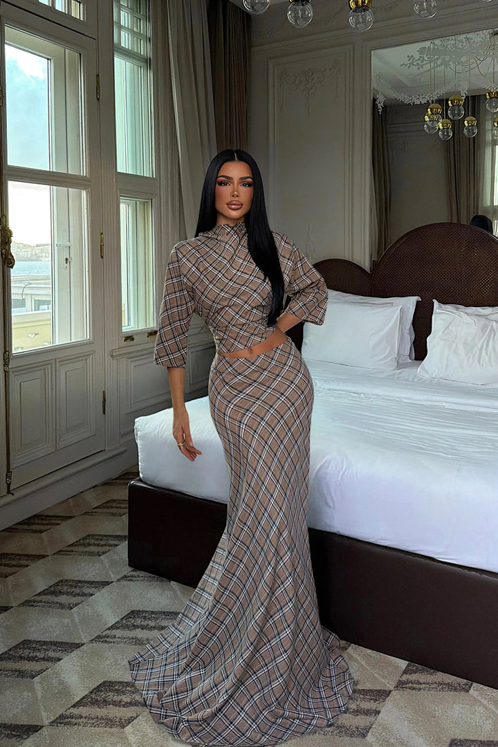 EYY Women Earth Tone Plaid Skirt Set - Messina