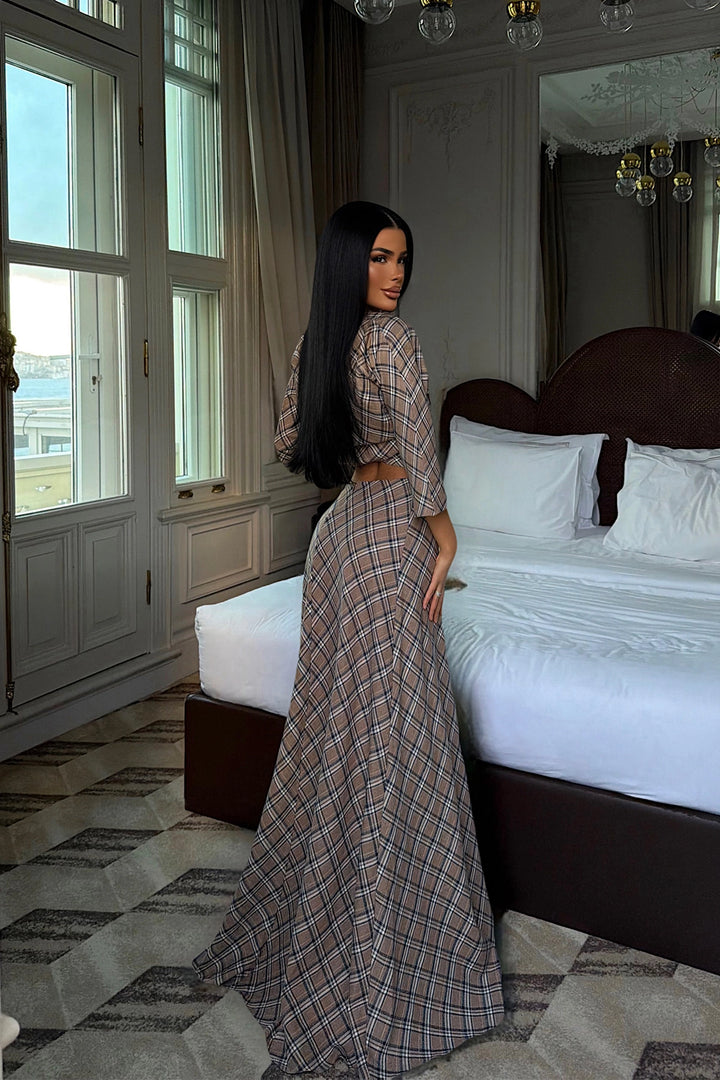 EYY Women Earth Tone Plaid Skirt Set - Messina