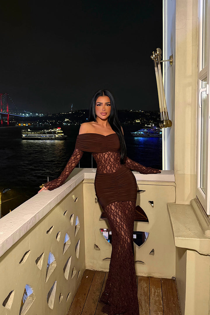 EYY Women Kahverengi Kıvrımlı Uzun Elbise - Poltava