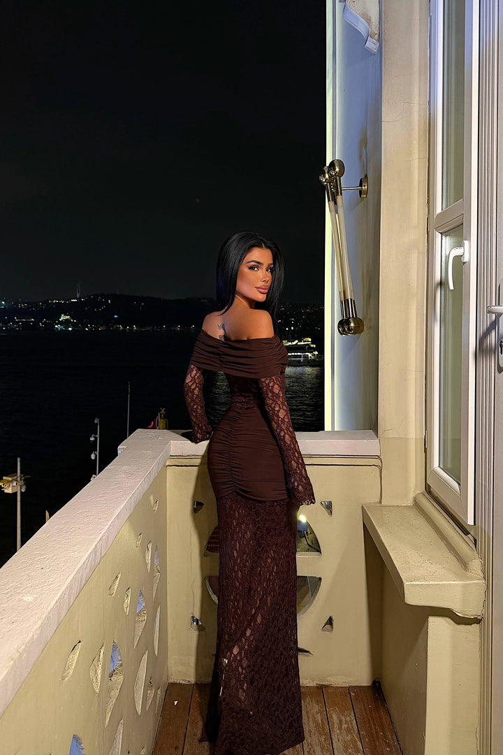 EYY Women Kahverengi Kıvrımlı Uzun Elbise - Poltava