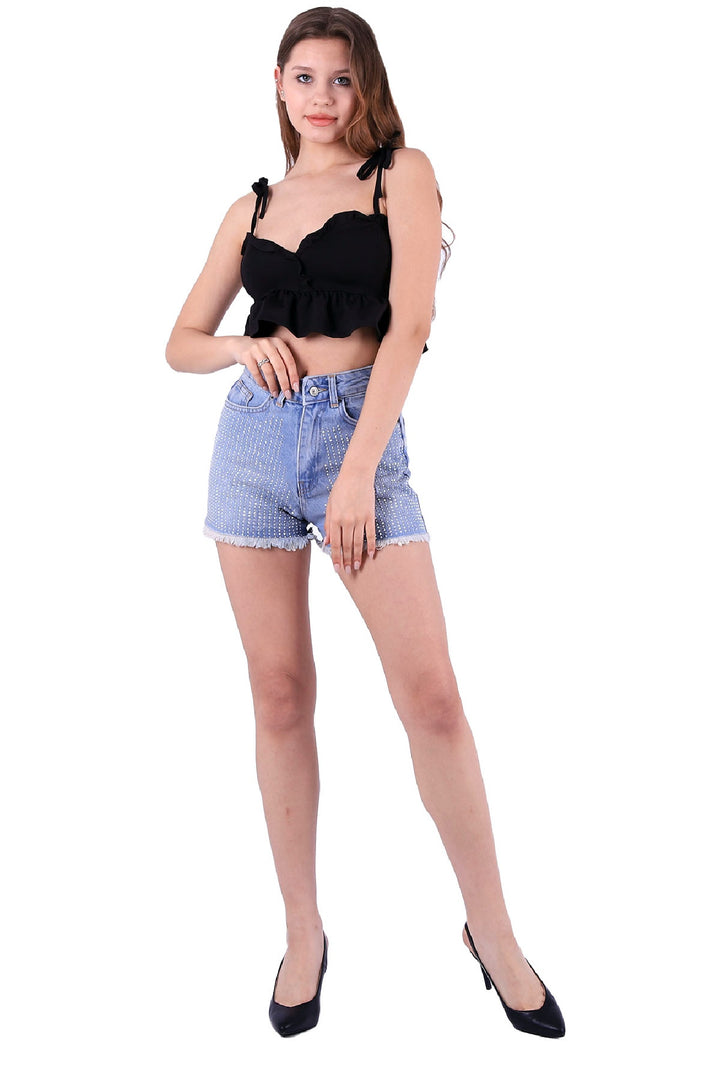 XLJ Denim Short with Decorative Rhinestones in Front Mixed - Gorinchem
