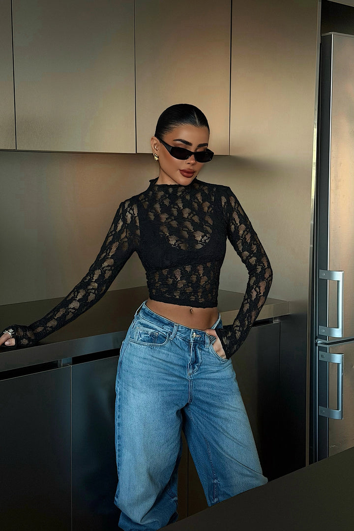 EYY Women Siyah Raquel Dantel Transparan Bluz - Maplewood
