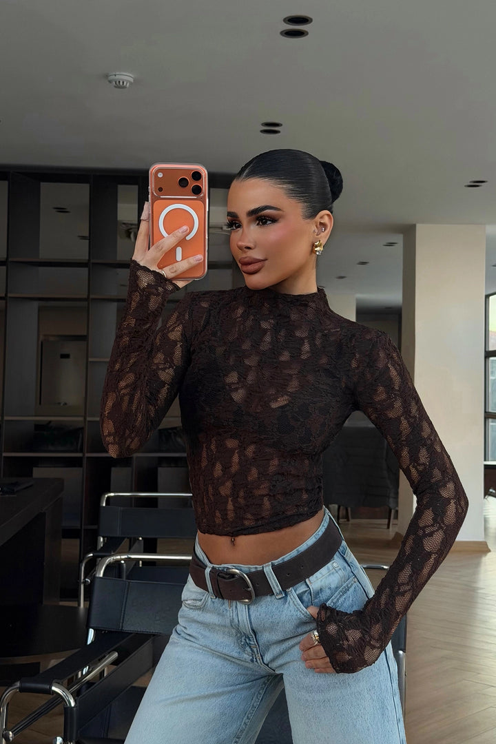 EYY Women Koyu Kahverengi Raquel Dantel Transparan Bluz - Hollister