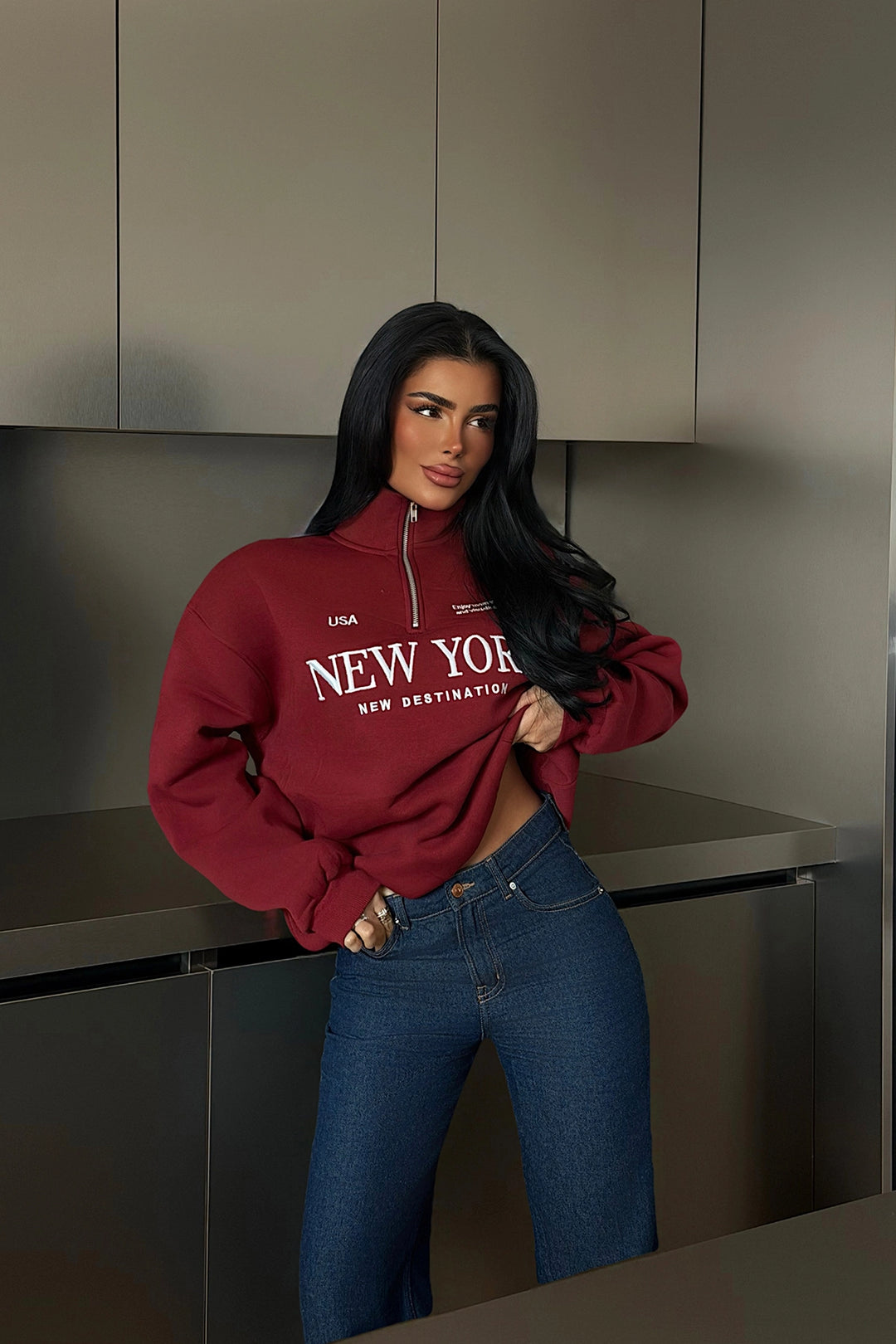 EYY Women Burgundy New York Zipper Detail Sweatshirt - Wyoming