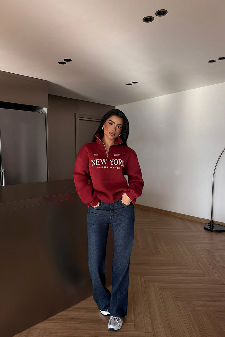 EYY Women Burgundy New York Zipper Detail Sweatshirt - Wyoming