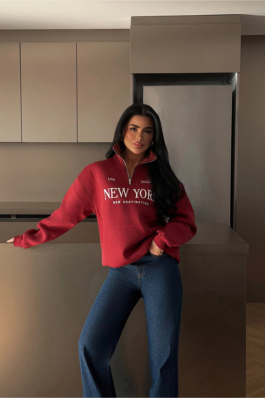 EYY Women Burgundy New York Zipper Detail Sweatshirt - Wyoming