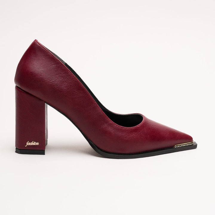 DSM Julya Burgundy Leather Thick Heel with Gold Buckle Detail Pointed Toe Stiletto Heeled Women's Shoes - Soria