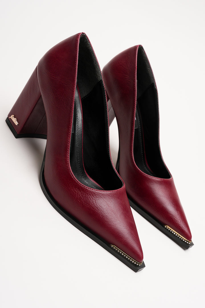 DSM Julya Burgundy Leather Thick Heel with Gold Buckle Detail Pointed Toe Stiletto Heeled Women's Shoes - Soria