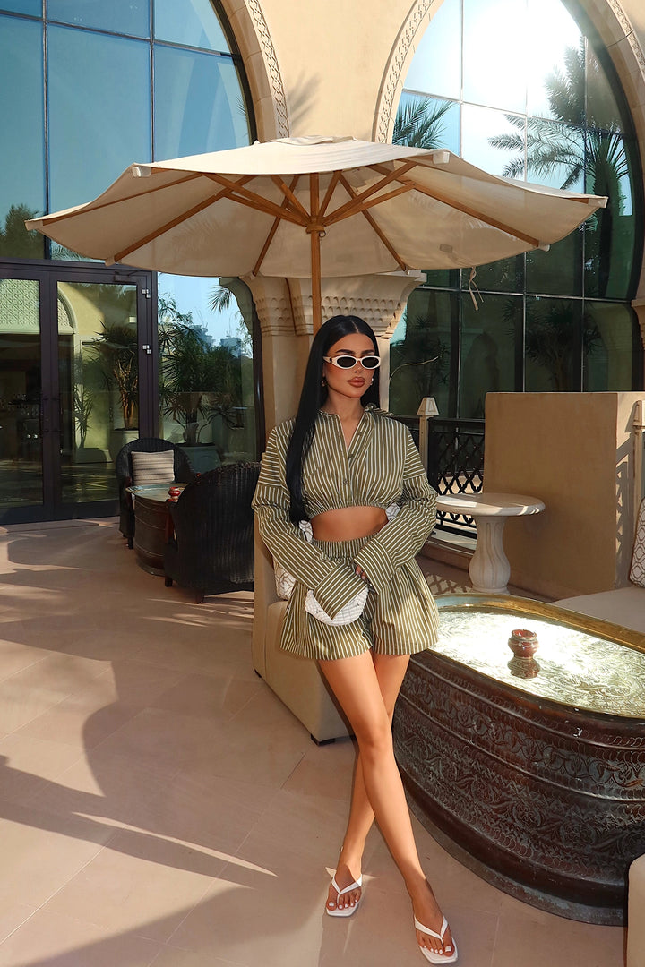 EYY Women Khaki Striped Shorts Set - Santa Ana Nextlalpan
