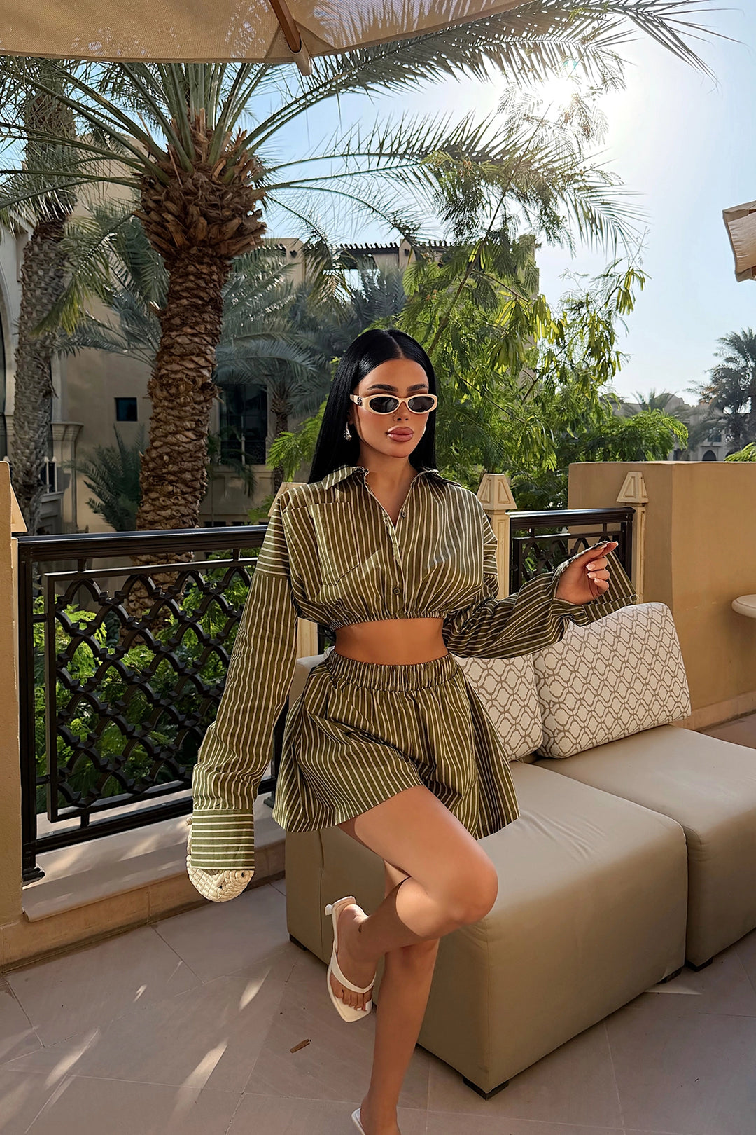 EYY Women Khaki Striped Shorts Set - Santa Ana Nextlalpan