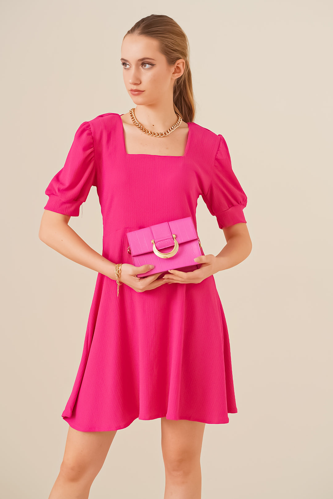 BGD Women Square Neck Knitted Dress - Fuchsia - Avondale