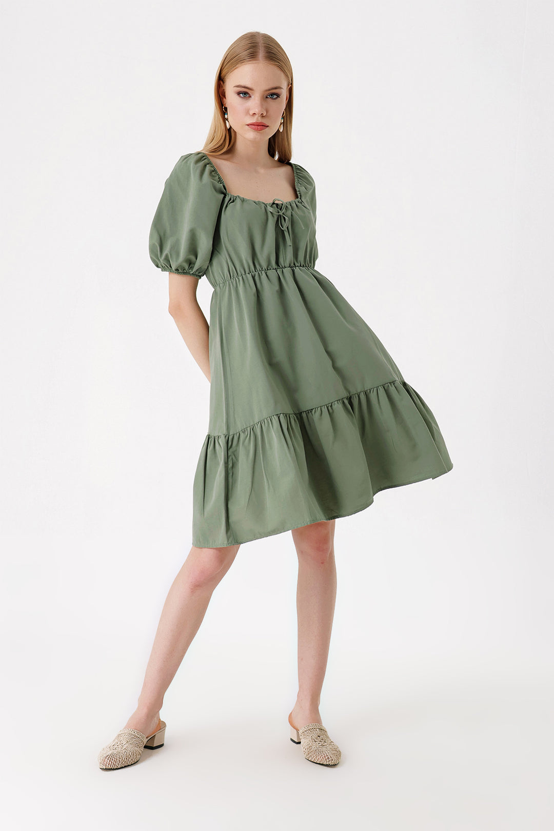 BGD Women Flared Poplin Dress - Khaki - Slatina