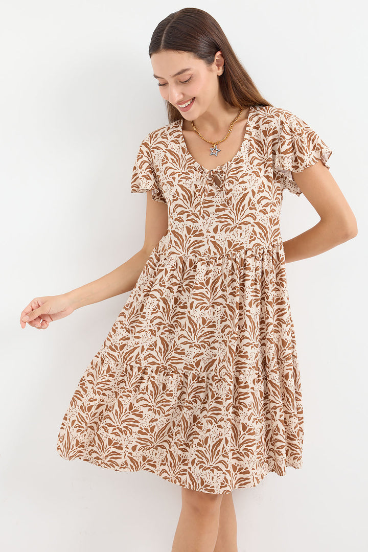 BGD Women V Neck Short Dress - Brown. - Avondale