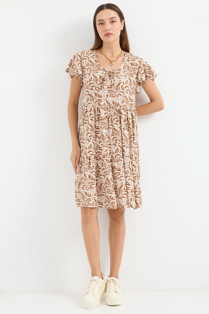 BGD Women V Neck Short Dress - Brown. - Avondale