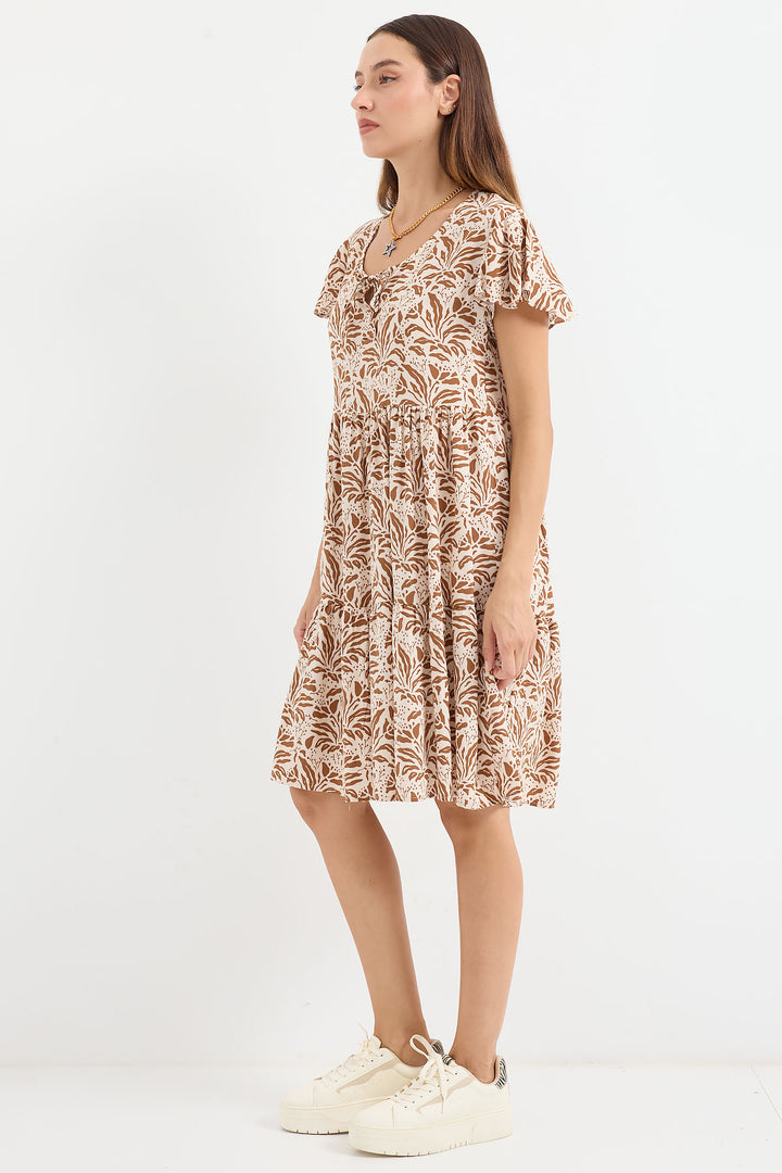 BGD Women V Neck Short Dress - Brown. - Avondale