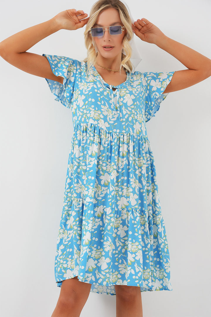 BGD Women V-Neck Short Dress - Light Blue - Miranda de Ebro