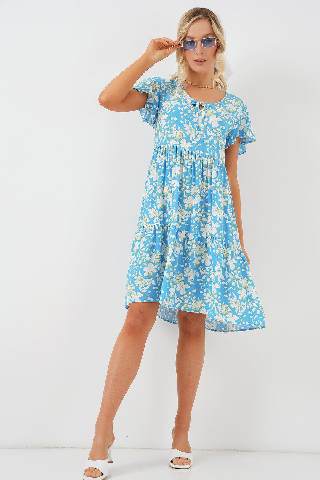 BGD Women V-Neck Short Dress - Light Blue - Miranda de Ebro
