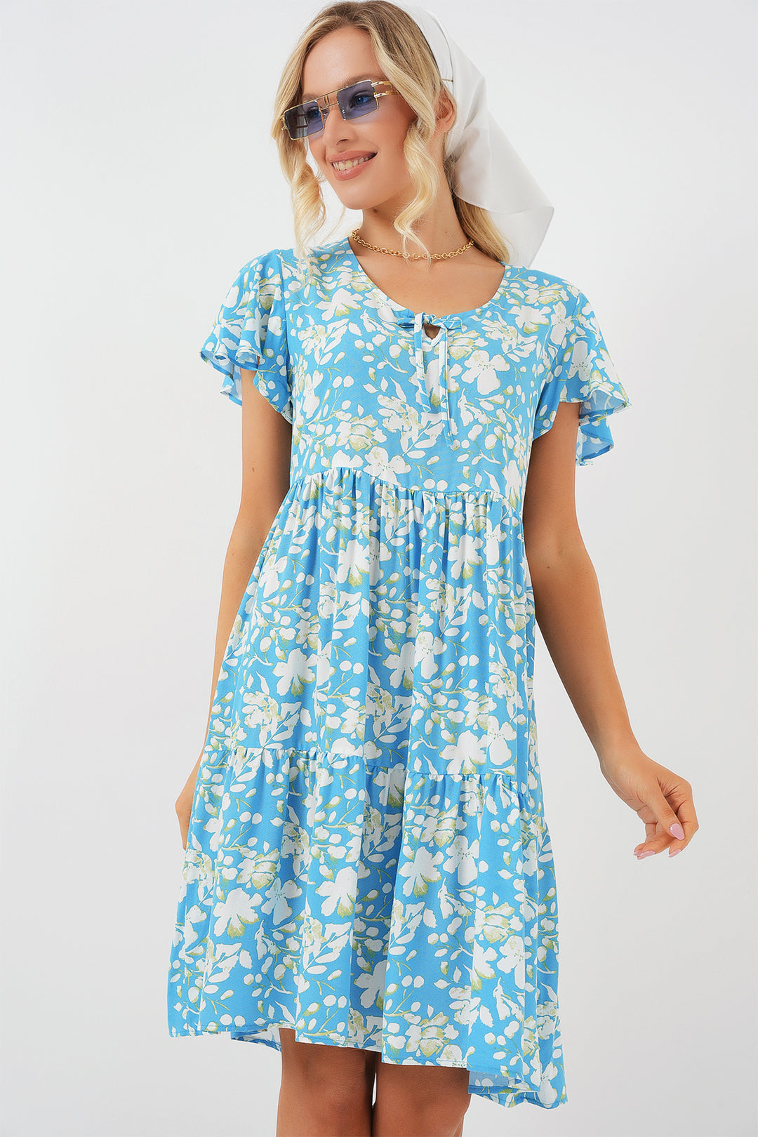 BGD Women V-Neck Short Dress - Light Blue - Miranda de Ebro