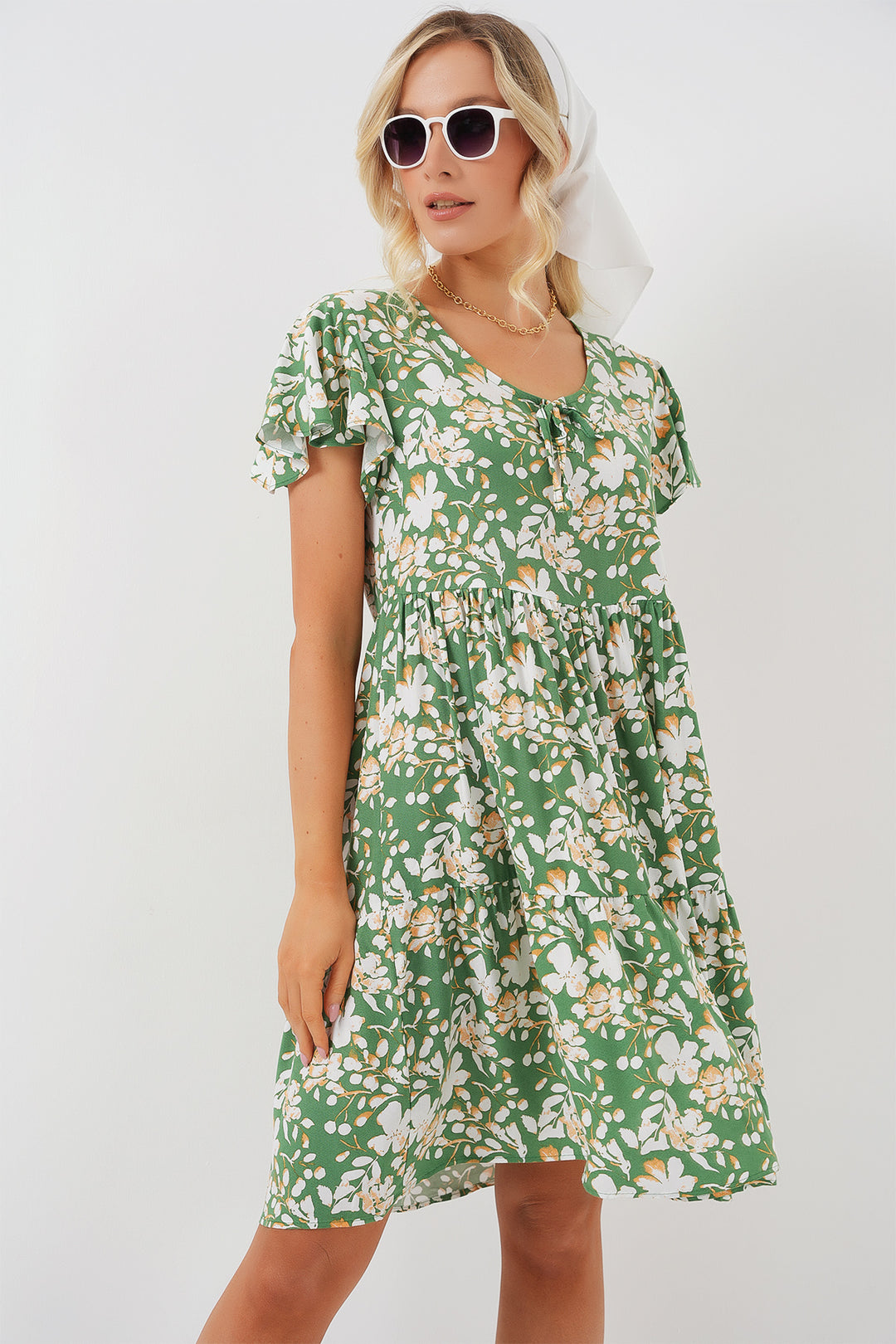 BGD Women V Neck Short Dress - Green. - Centennial