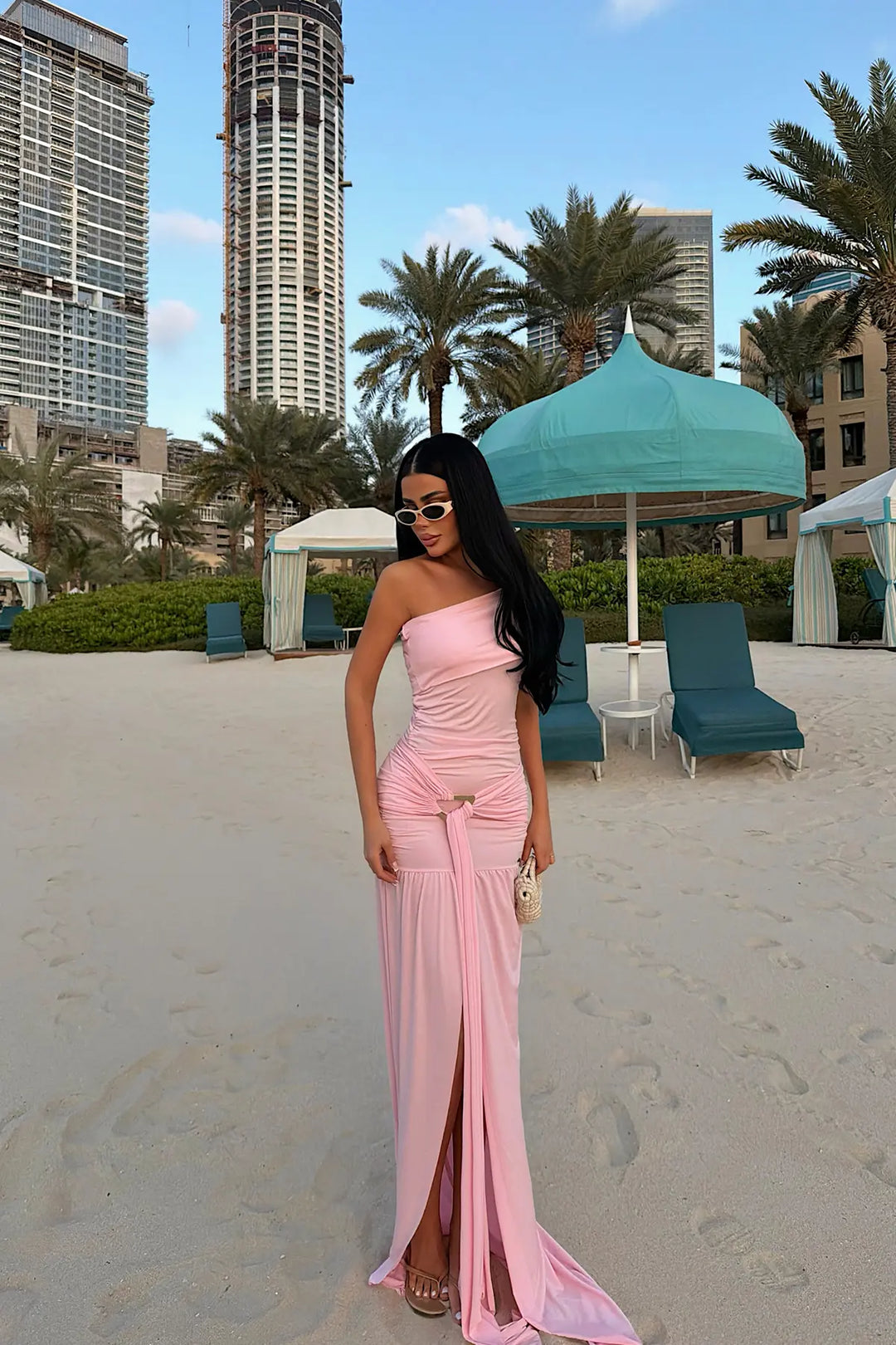 EYY Women Pink Nicolette Long Dress with Slit - Sugar Land