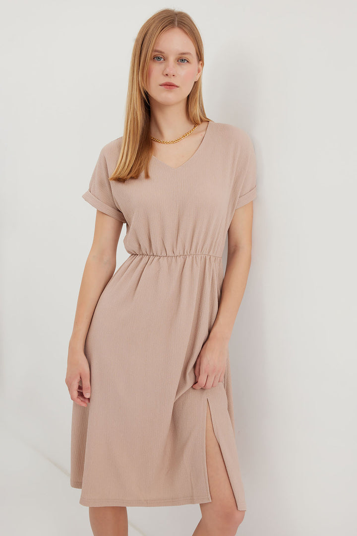 BGD Women V-Neck Slit Knit Dress - Biscuit - Avondale