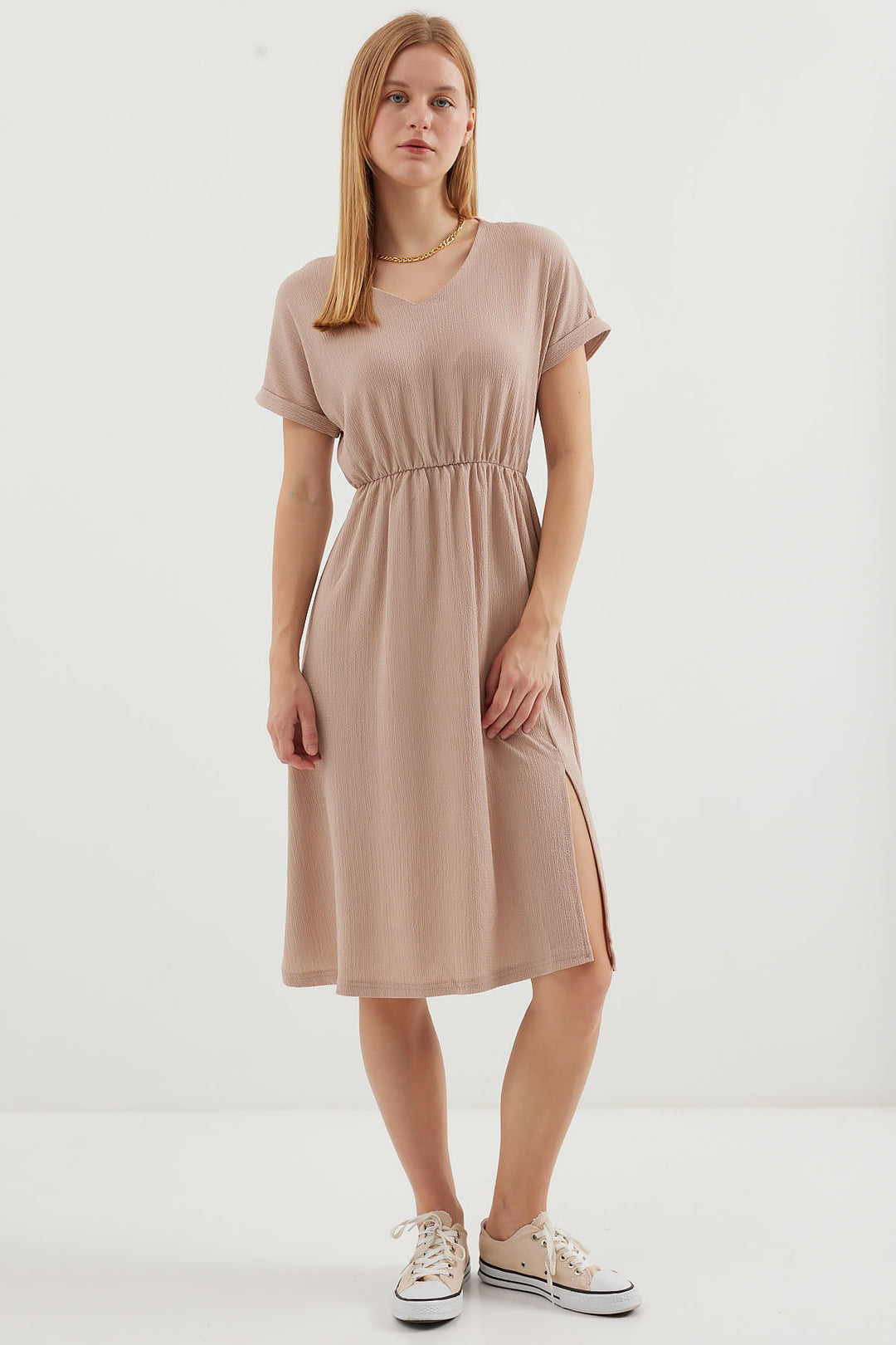 BGD Women V-Neck Slit Knit Dress - Biscuit - Avondale