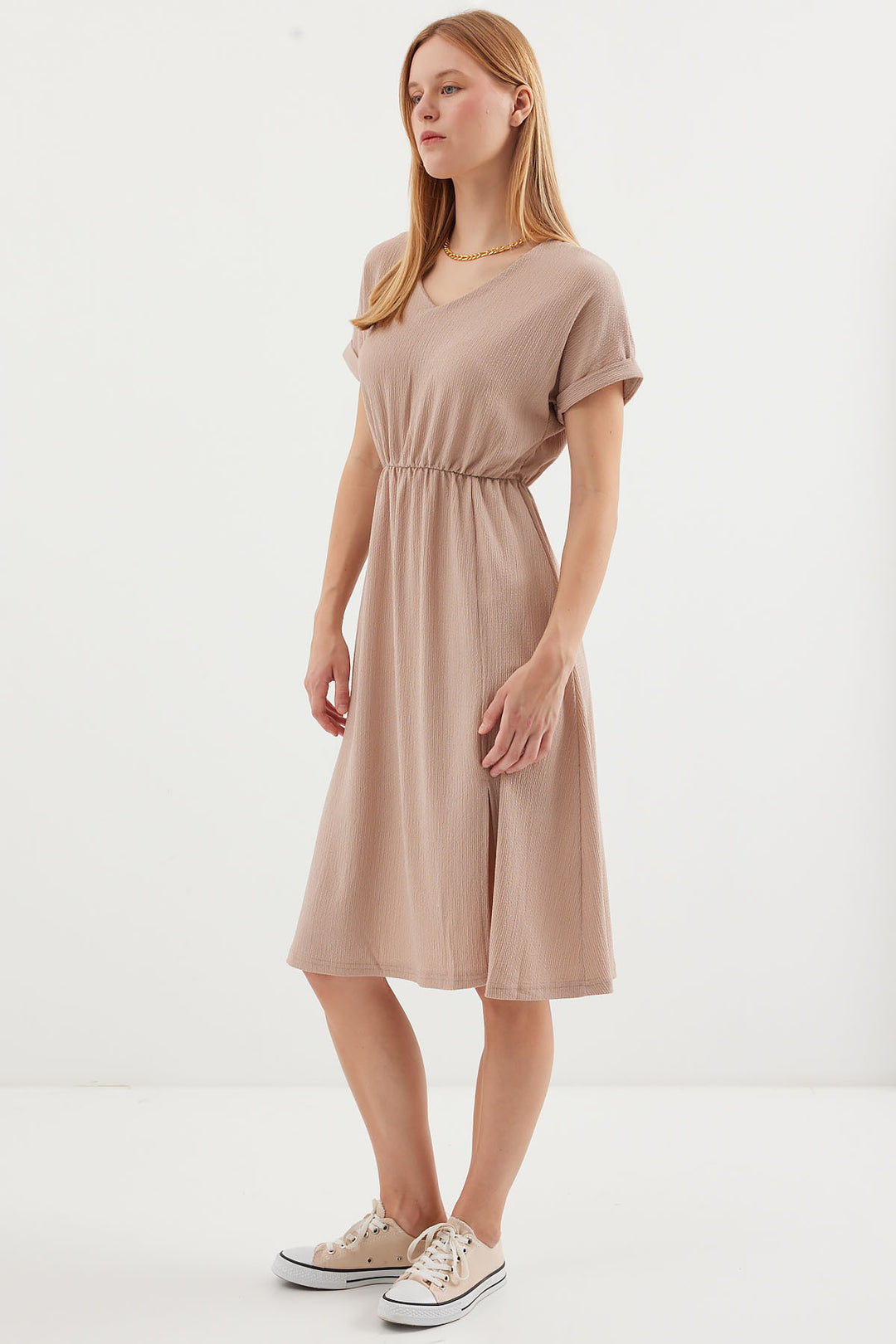 BGD Women V-Neck Slit Knit Dress - Biscuit - Avondale
