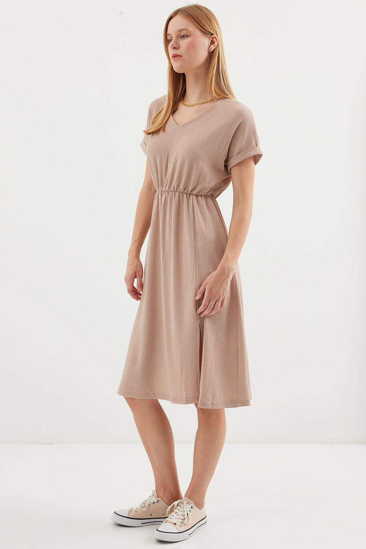 BGD Women V-Neck Slit Knit Dress - Biscuit - Avondale