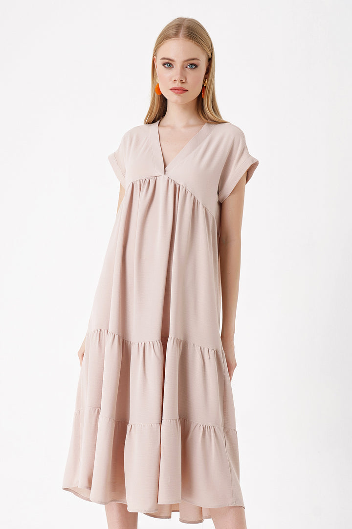 BGD Women V-Neck Ruffled Dress - Beige - Avondale