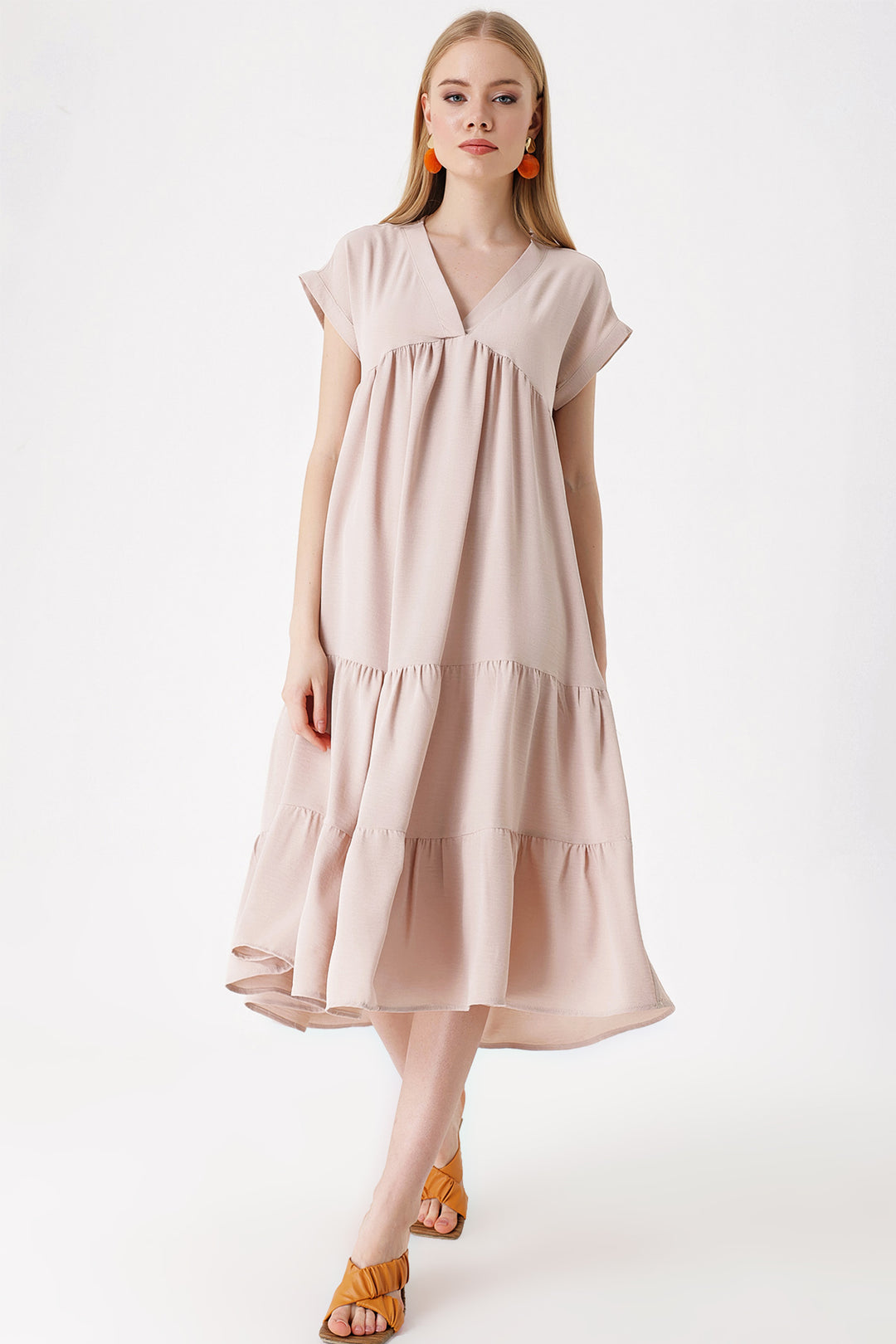 BGD Women V-Neck Ruffled Dress - Beige - Avondale