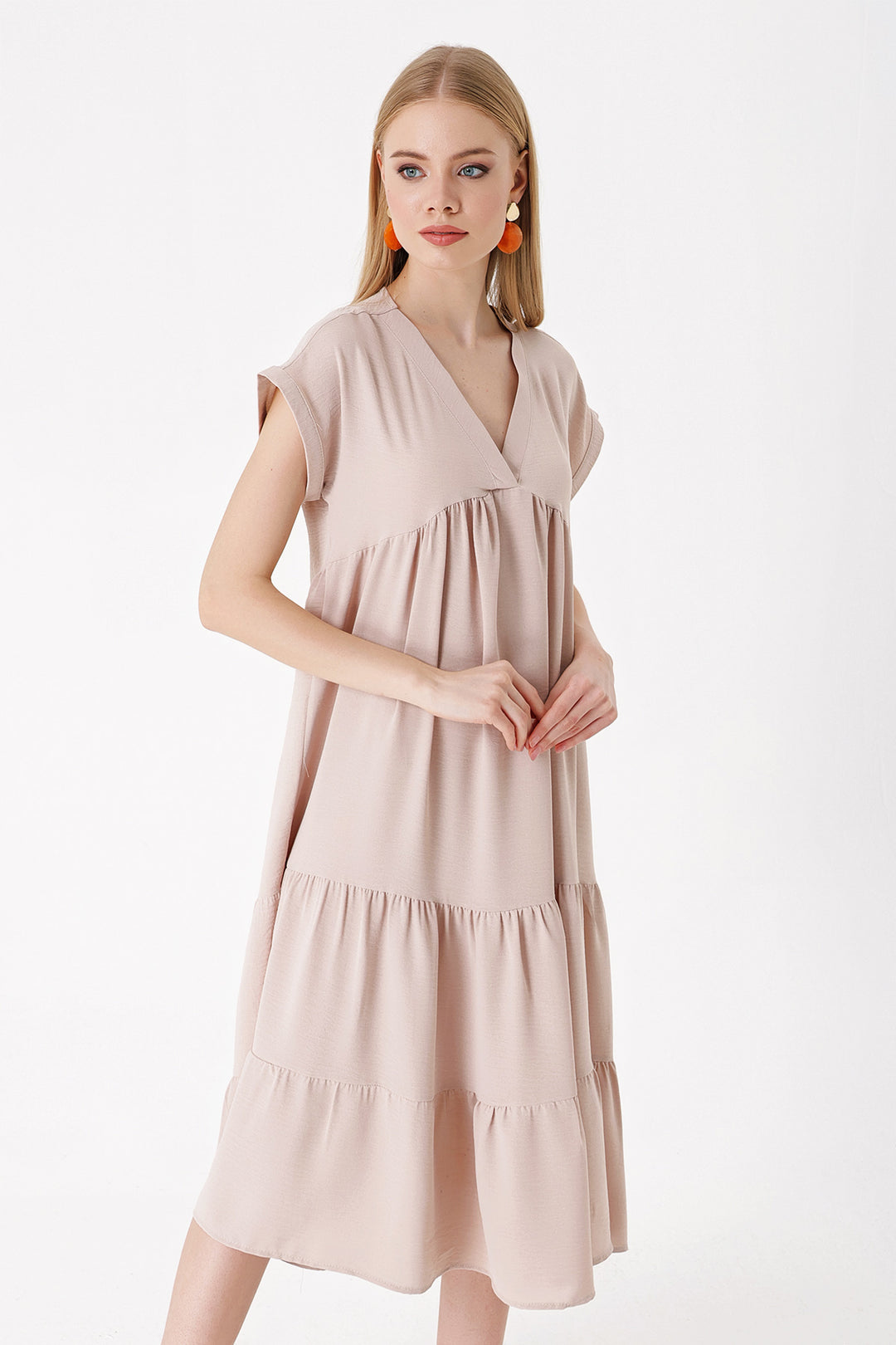 BGD Women V-Neck Ruffled Dress - Beige - Avondale
