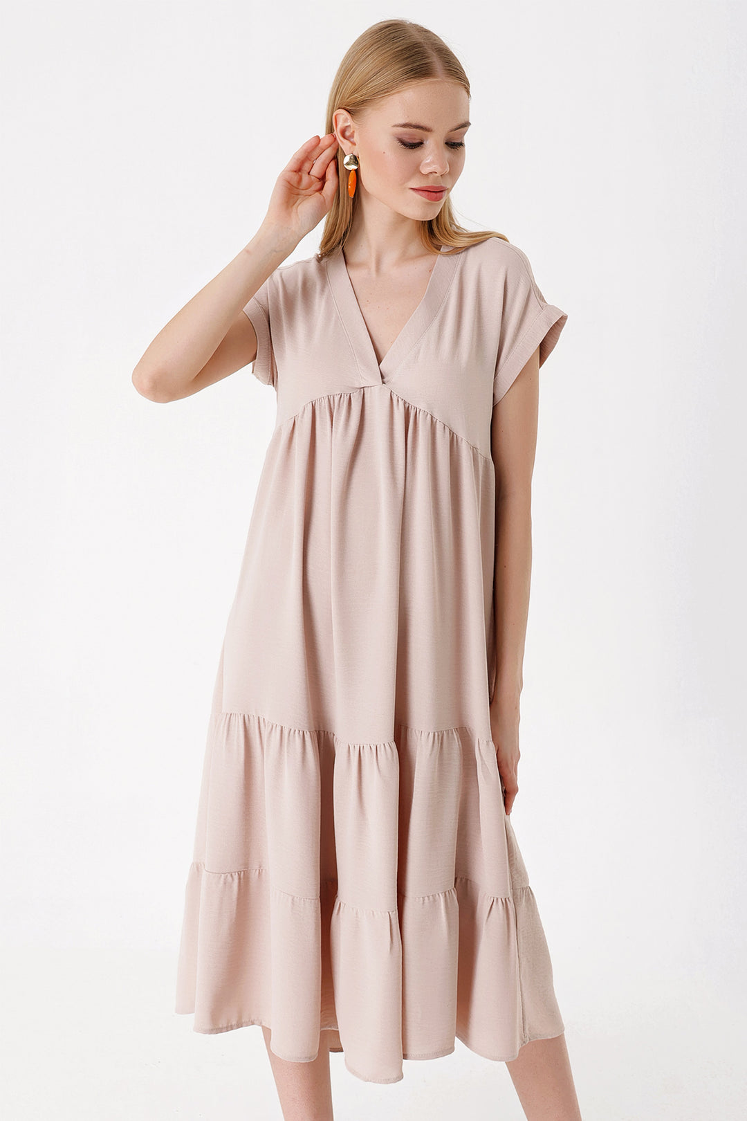 BGD Women V-Neck Ruffled Dress - Beige - Avondale
