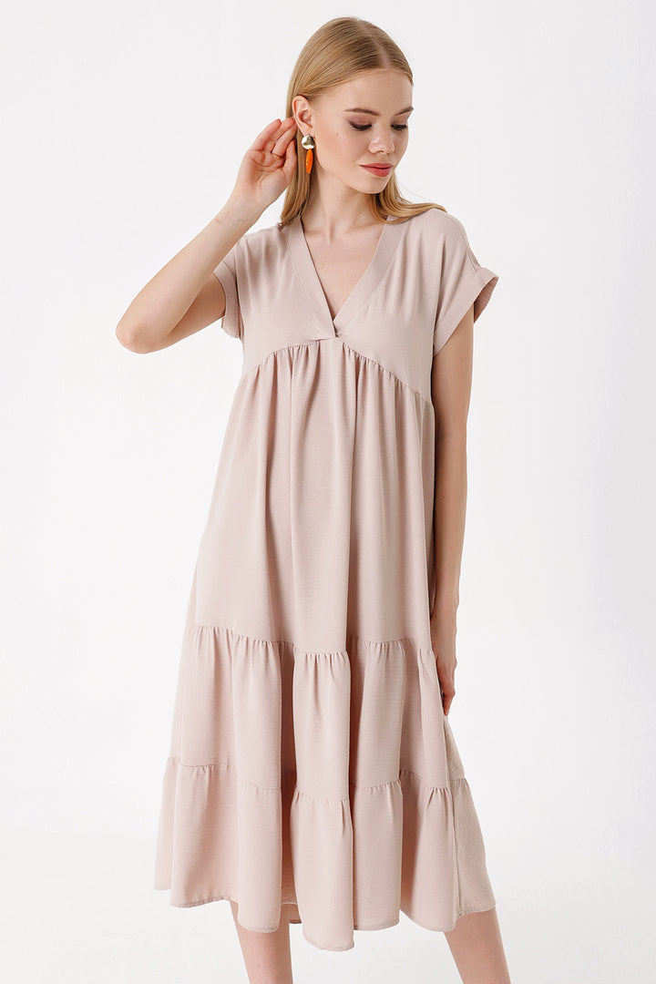 BGD Women V-Neck Ruffled Dress - Beige - Avondale