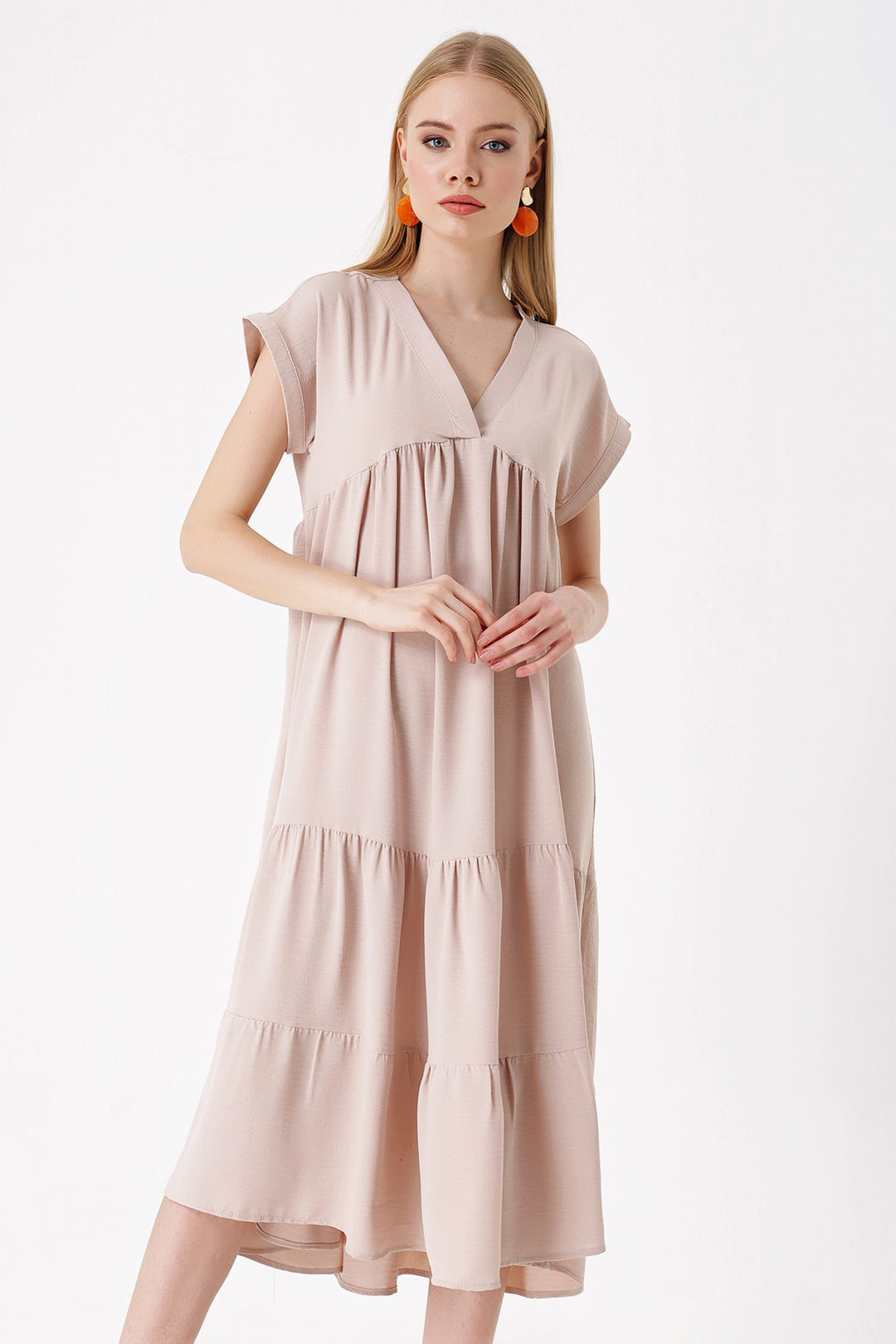 BGD Women V-Neck Ruffled Dress - Beige - Avondale