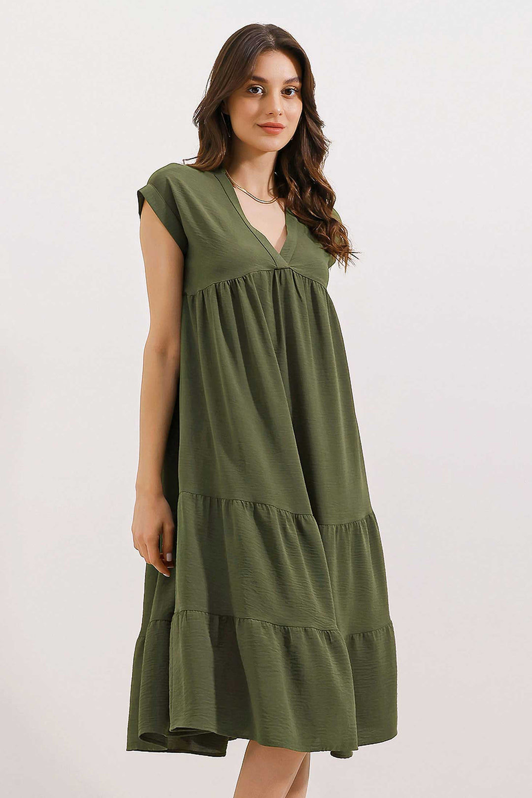 BGD Women V-Neck Ruffled Dress - Khaki - Aveiro