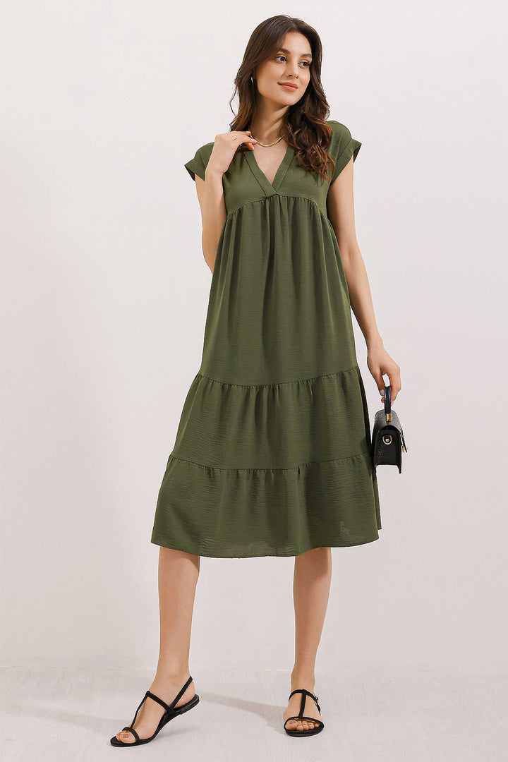 BGD Women V-Neck Ruffled Dress - Khaki - Aveiro