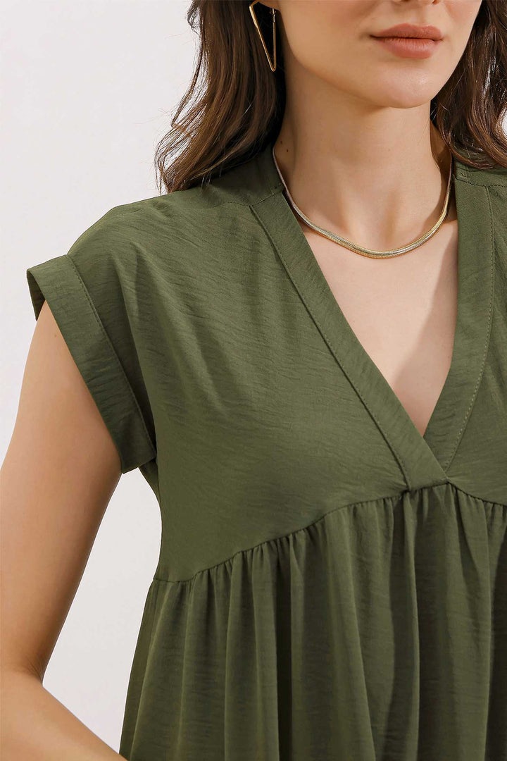 BGD Women V-Neck Ruffled Dress - Khaki - Aveiro