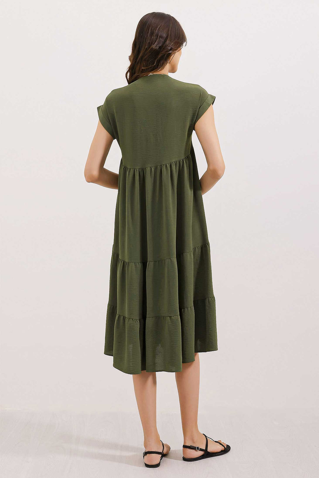 BGD Women V-Neck Ruffled Dress - Khaki - Aveiro