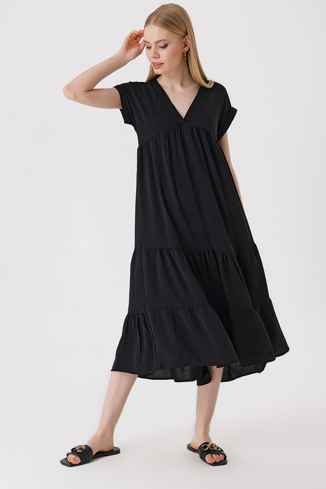 BGD Women V-Neck Ruffled Dress - Black - Avondale