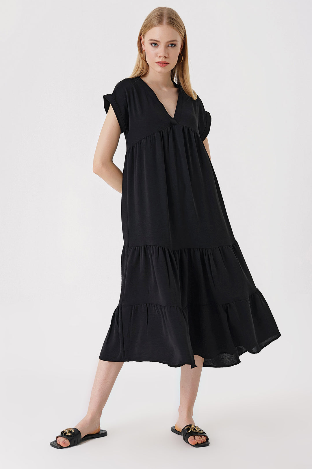 BGD Women V-Neck Ruffled Dress - Black - Avondale