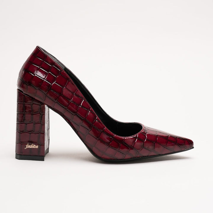 DSM Leron Burgundy Leather Crocodile Pattern Thick Heel Stiletto Women's Shoe - Carpentersville