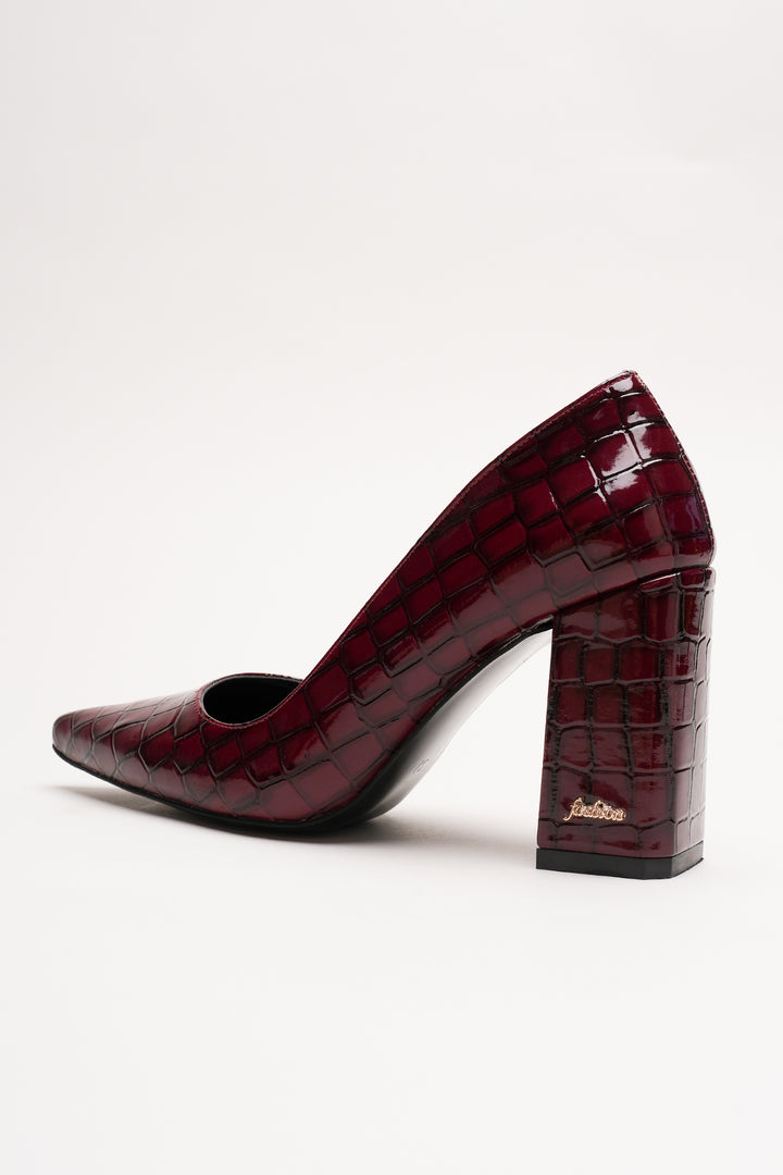 DSM Leron Burgundy Leather Crocodile Pattern Thick Heel Stiletto Women's Shoe - Carpentersville