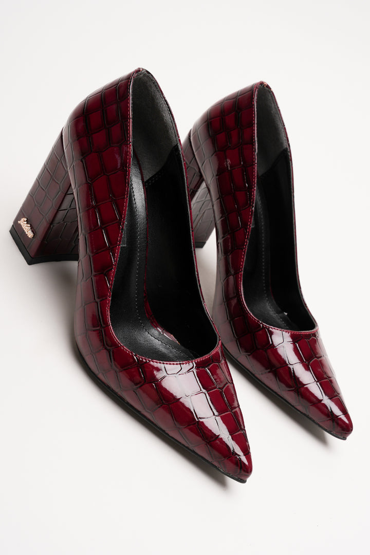 DSM Leron Burgundy Leather Crocodile Pattern Thick Heel Stiletto Women's Shoe - Carpentersville