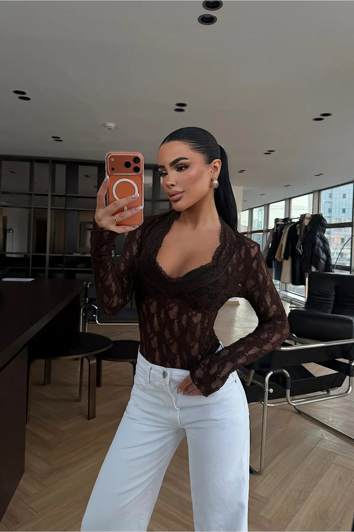 EYY Women Dark Brown Transparent Lace Blouse - Gijón