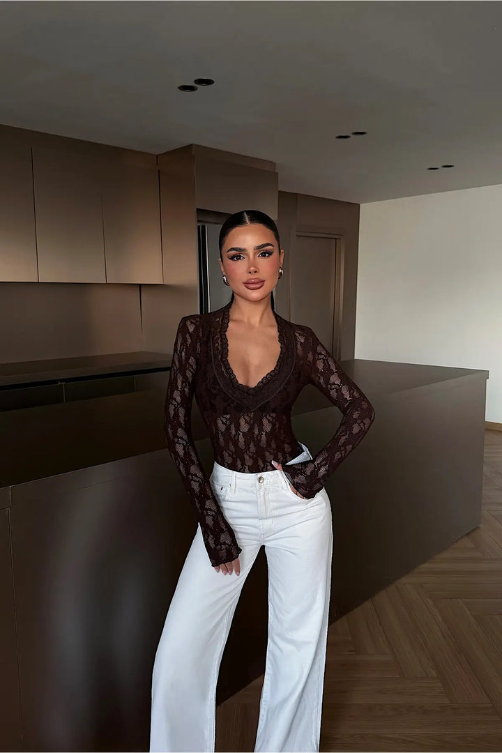 EYY Women Dark Brown Transparent Lace Blouse - Gijón