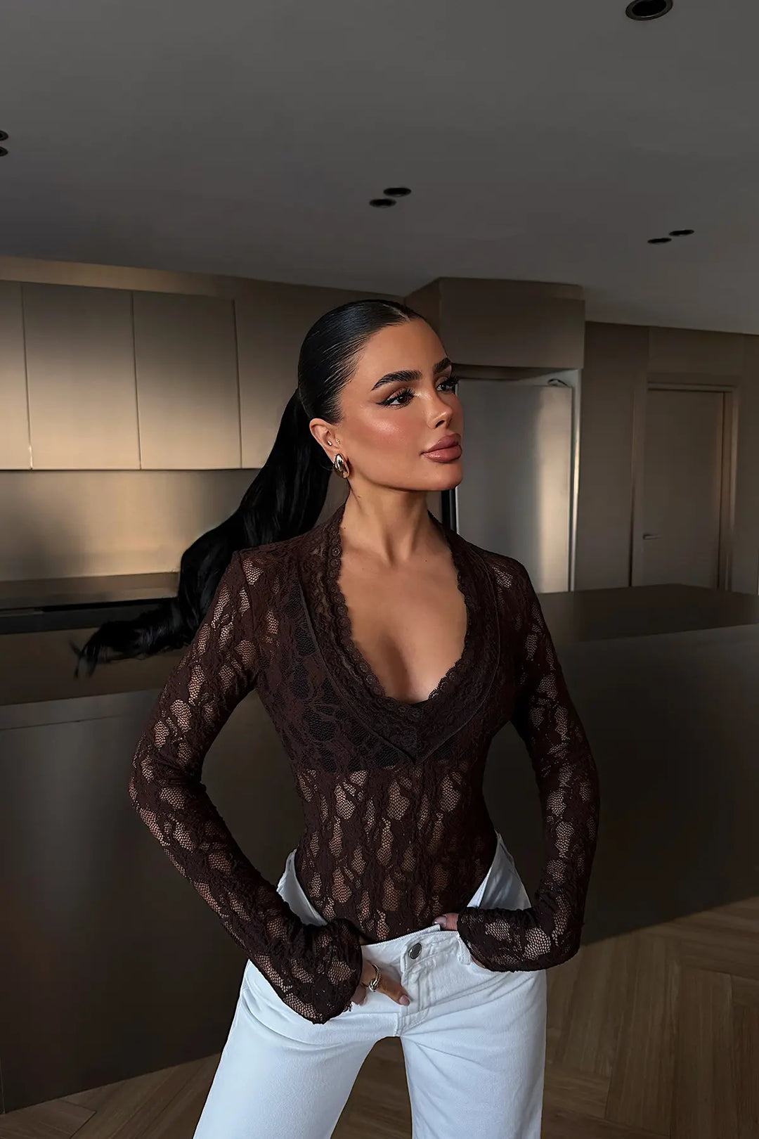 EYY Women Dark Brown Transparent Lace Blouse - Gijón